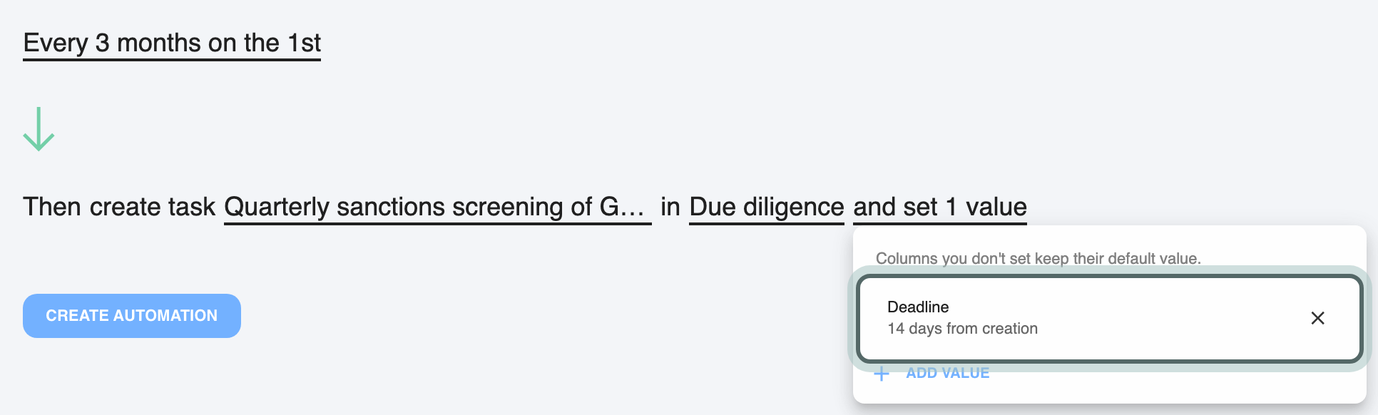 Then create a task: the title Quarterly sanctions screening of Gamma ApS in the task group Due diligence, and set values open: the note Columns you don't set keep their default value., and Deadline set relative to creation, 14 days from creation, highlighted.