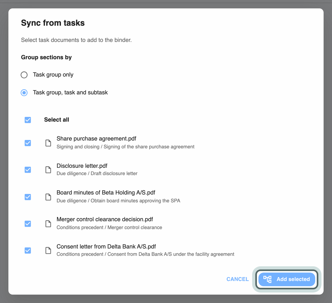 Sync from tasks: Group sections by (Task group only, or Task group, task and subtask), and the documents on the board's tasks listed under their task group and task, ticked. Add selected is highlighted.