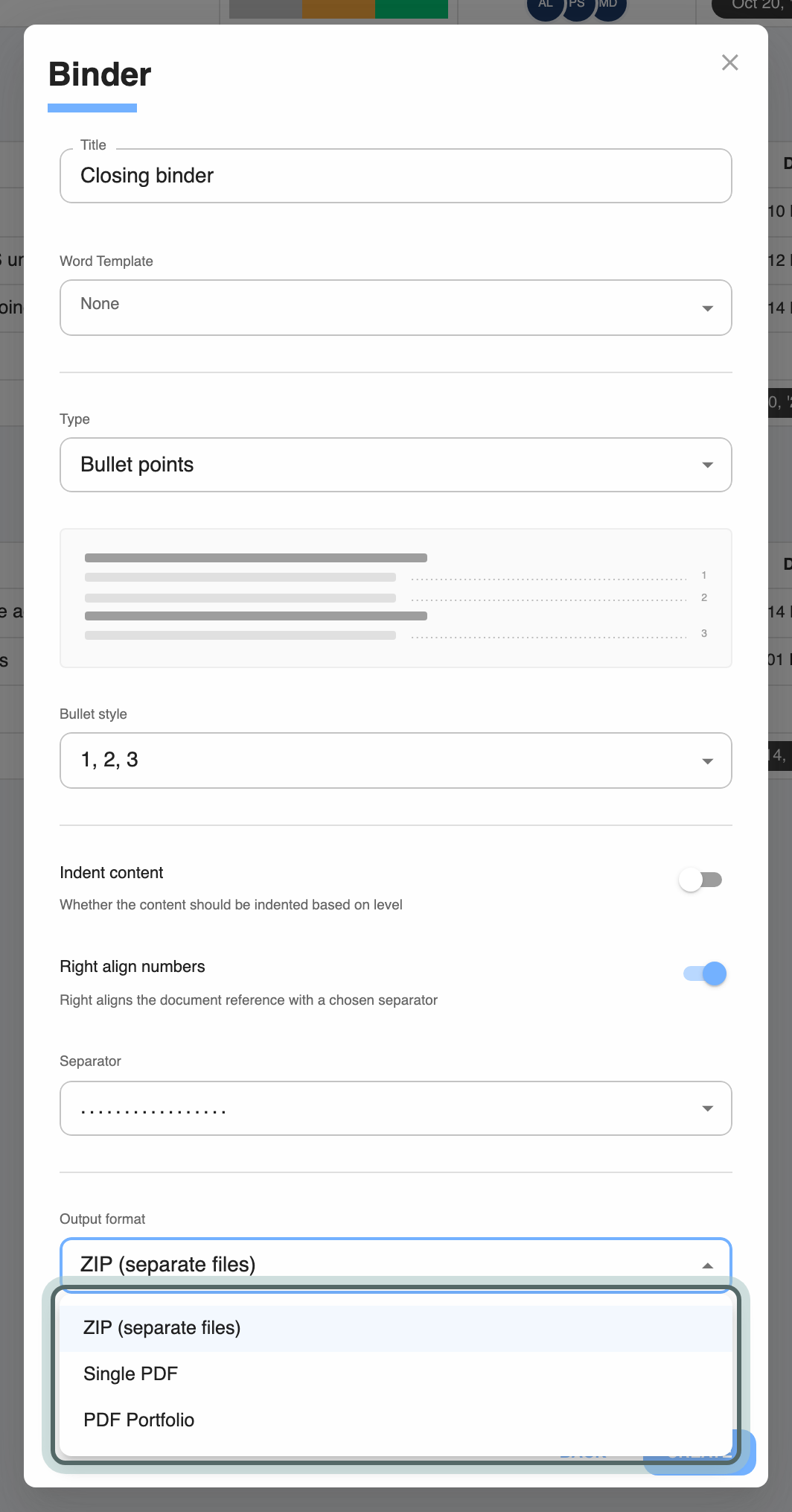 Setting up a Binder view: Title, the Word Template, Type (Bullet points, with a sketch of the index), Bullet style, and the Output format list open with ZIP (separate files), Single PDF and PDF Portfolio.