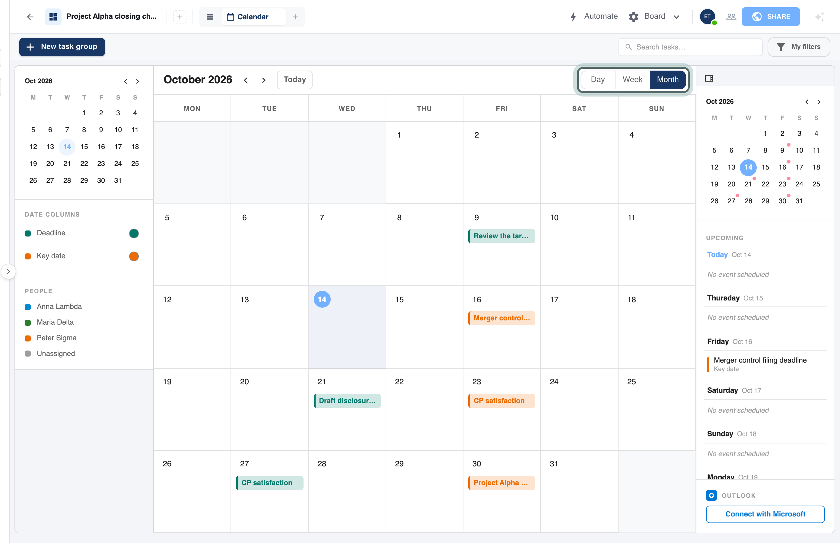 The Calendar view in Month for October 2026: Project Alpha's deadlines and key dates, each date column in its own colour, with the Day, Week and Month switch at the top right highlighted.