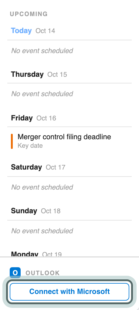 The calendar's right-hand panel: upcoming dates, and at the bottom the Outlook section with Connect with Microsoft highlighted.