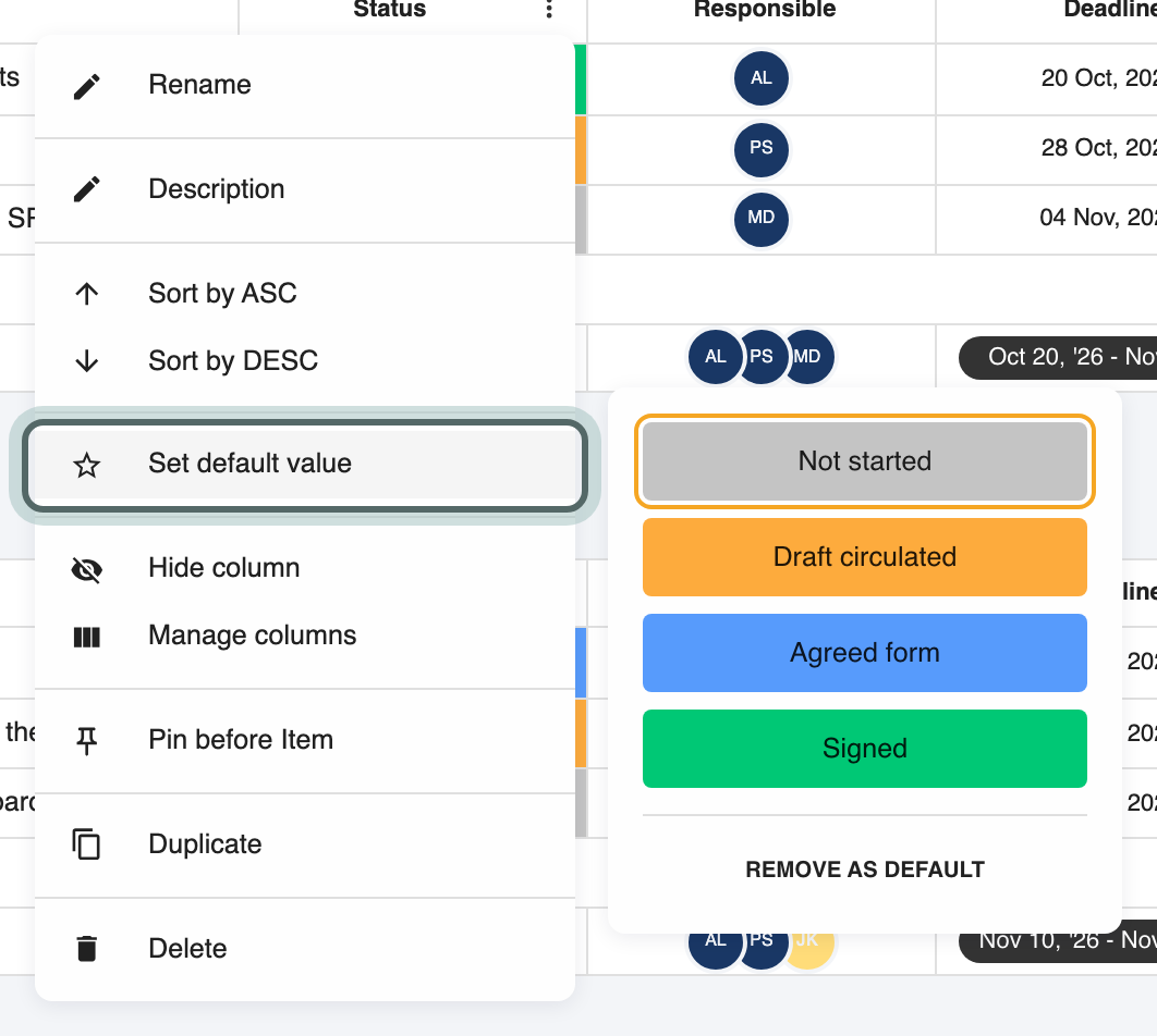 The Status column menu with Set default value highlighted and its picker open beside it, listing the status labels.