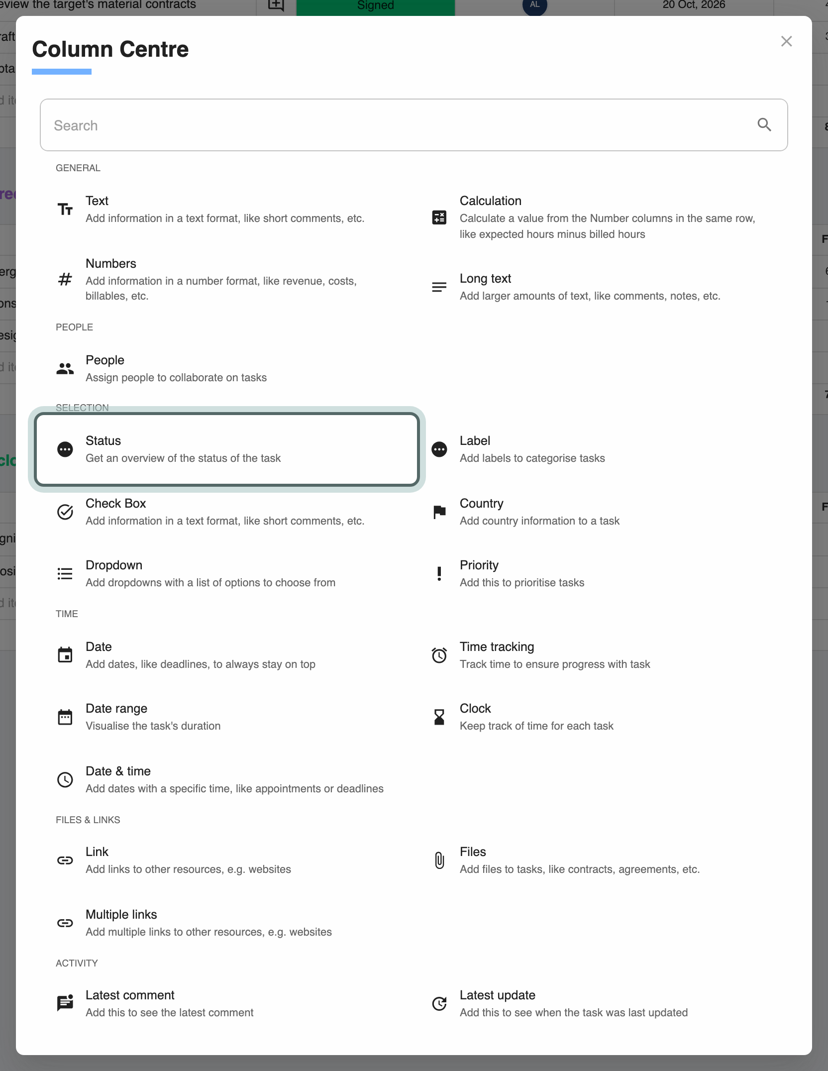 The Column Centre: every column type under General, People, Selection, Time, Files & Links and Activity, each with a short description, and Status highlighted.