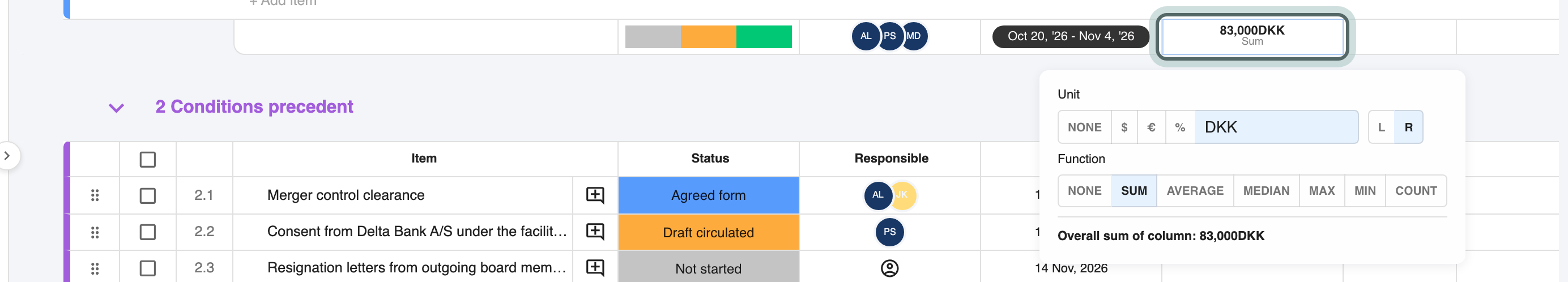 The summary row under the Due diligence group: a bar showing the share of each status, the people assigned, the date range from earliest to latest deadline, and the fee total with its Unit and Function settings open (None, Sum, Average, Median, Max, Min, Count).