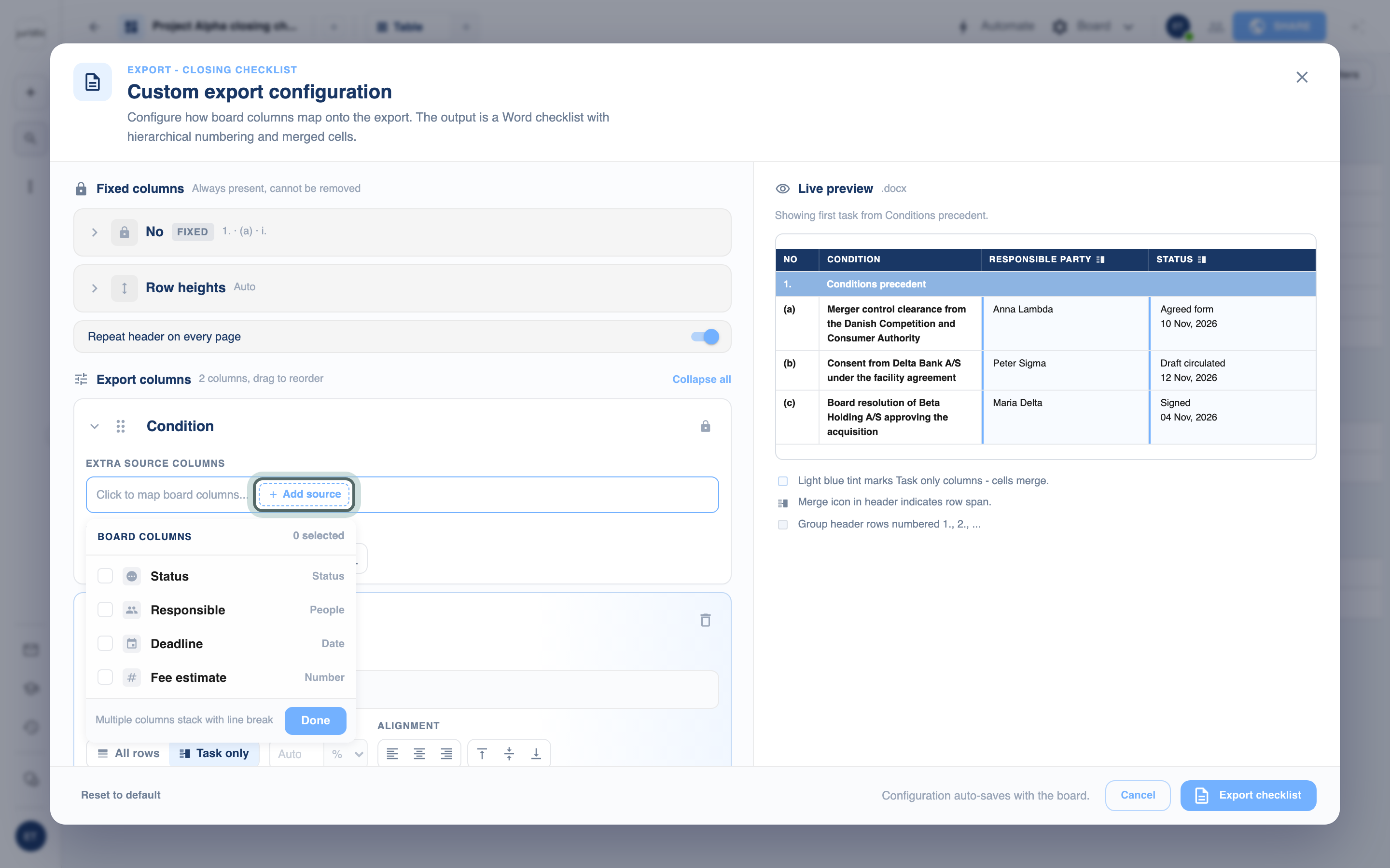 Custom export configuration, Export columns: Condition, Responsible party mapped to the board's Responsible column, and Status mapped to Status and Deadline. The Board columns list is open beside Add source, highlighted.