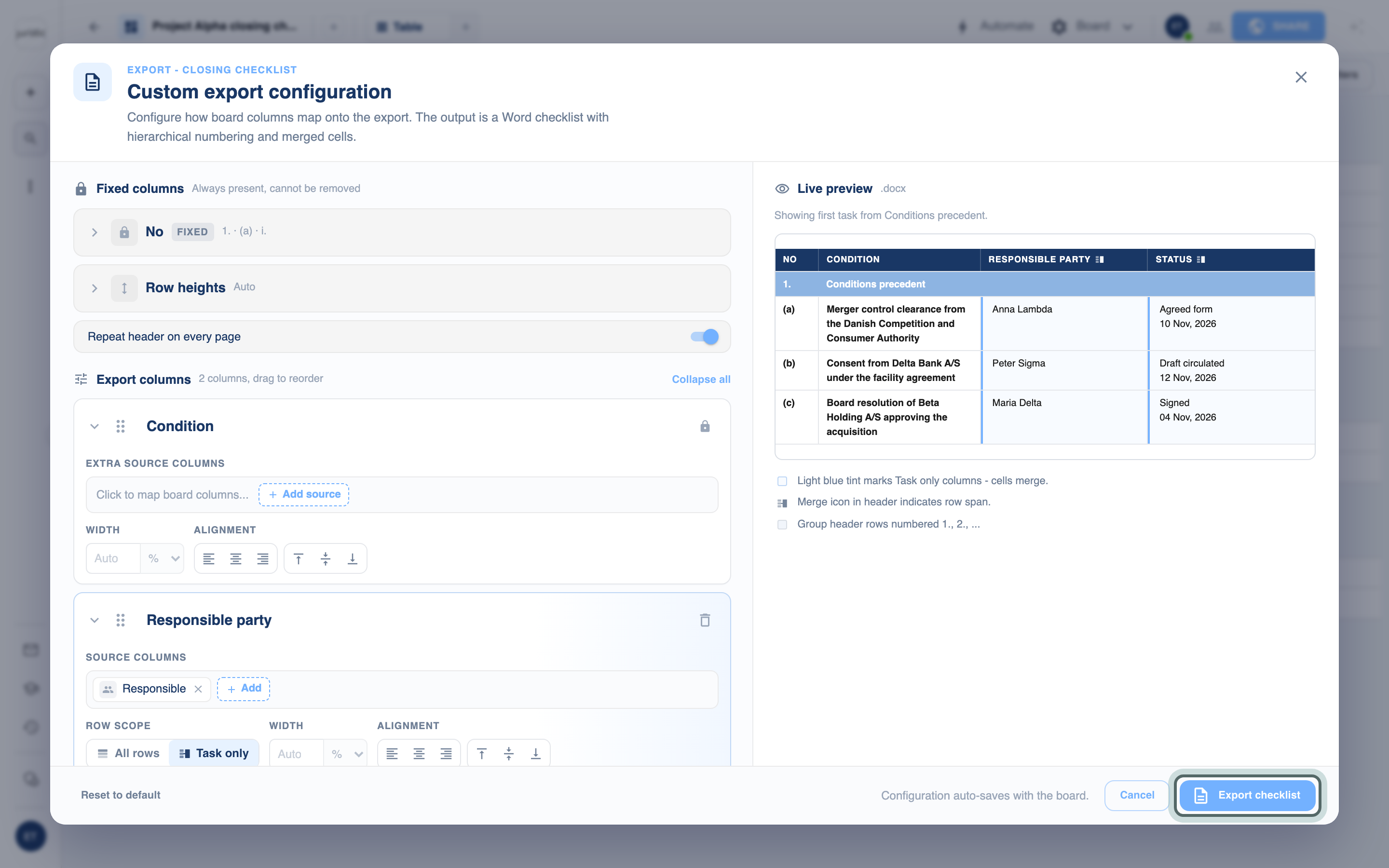 The live preview of the Word checklist: numbered conditions for Project Alpha with the responsible party and status, and Export checklist highlighted at the bottom.