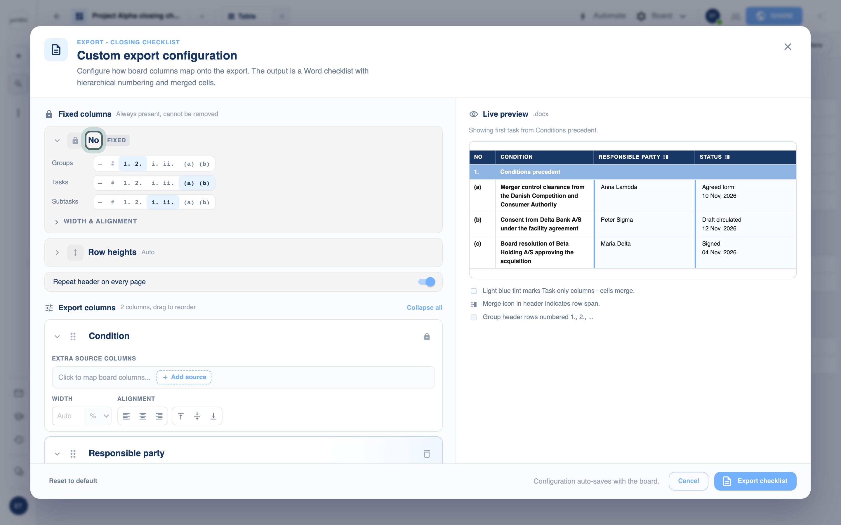 Custom export configuration, Fixed columns: the No card opened, numbering groups 1., 2., tasks (a), (b) and subtasks i., ii.