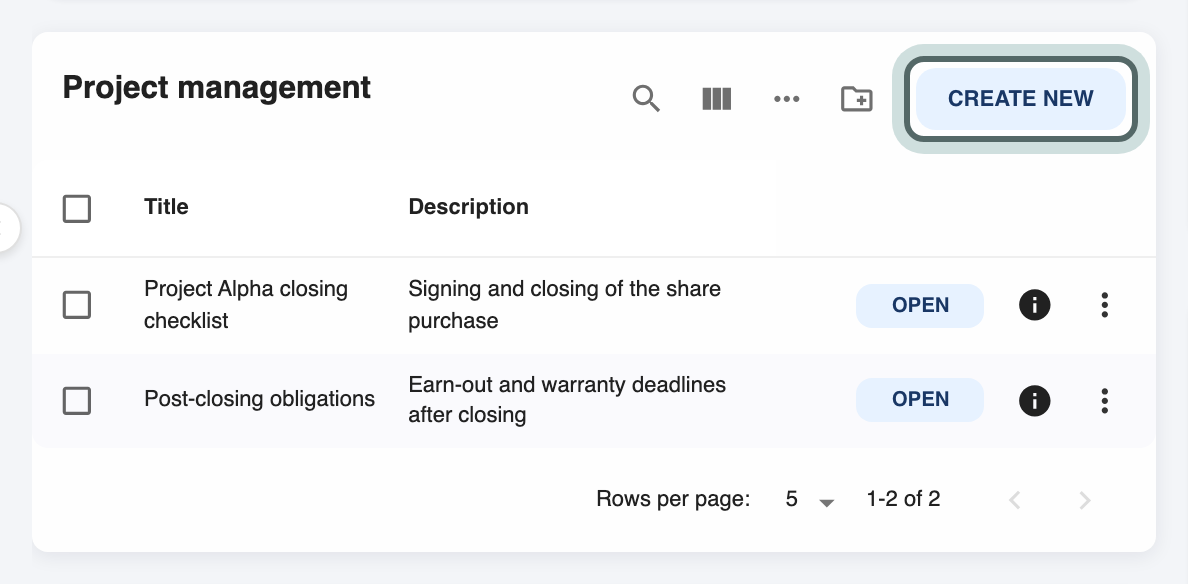 The Project management box on the matter page, listing the matter's boards, with its Create new button highlighted.