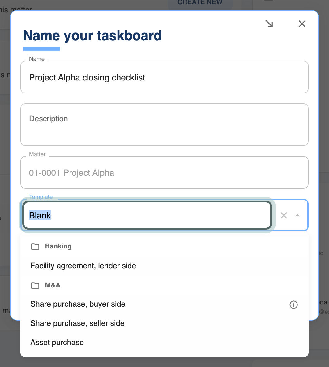 Name your taskboard: Name Project Alpha closing checklist, the matter filled in, and the Template list open with the firm's templates in folders (Banking, M&A), an information icon beside a template with a description. The Template field is highlighted.