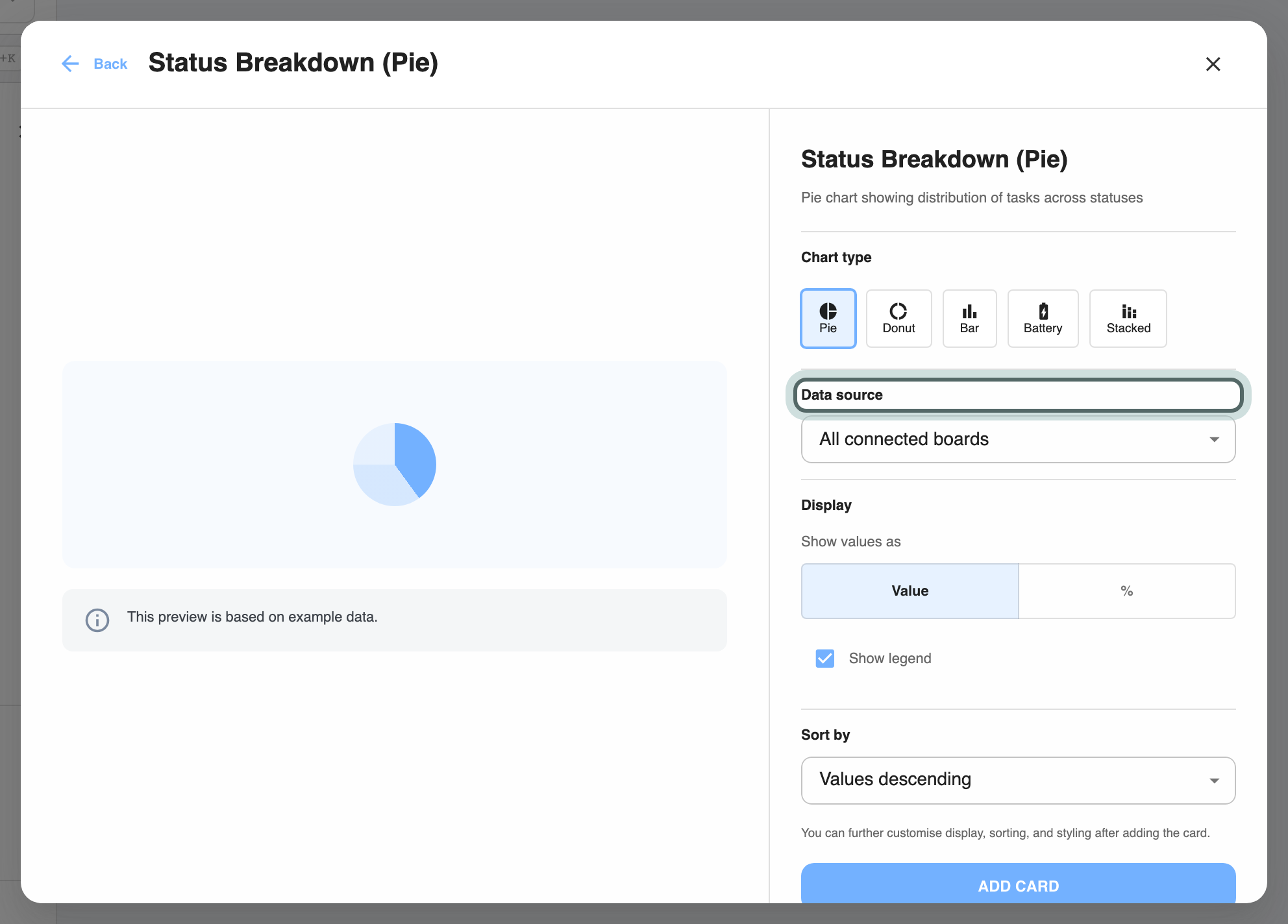 Add Card after choosing the Status Breakdown (Pie) template: a preview on example data, Chart type (Pie, Donut, Bar, Battery, Stacked), and Data source, highlighted, set to All connected boards.