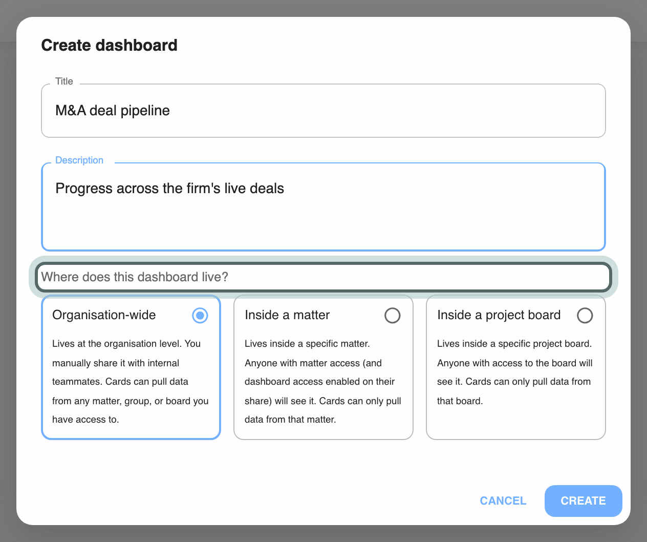 Create dashboard: Title, Description, and Where does this dashboard live?, highlighted, with Organisation-wide, Inside a matter and Inside a project board.