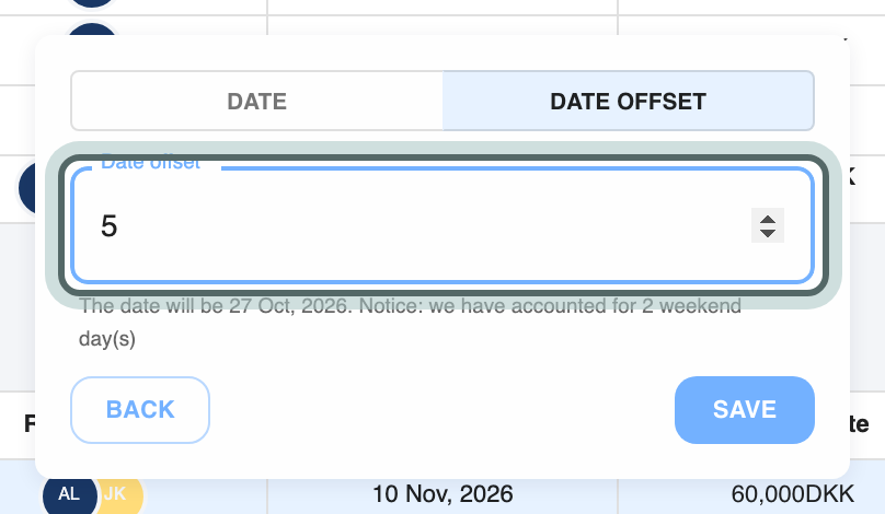 The Date offset tab of a deadline, after picking the task it follows: 5 days entered in Date offset, highlighted, and below it The date will be 27 Oct, 2026, with a notice that 2 weekend days have been accounted for. Back and Save at the bottom.