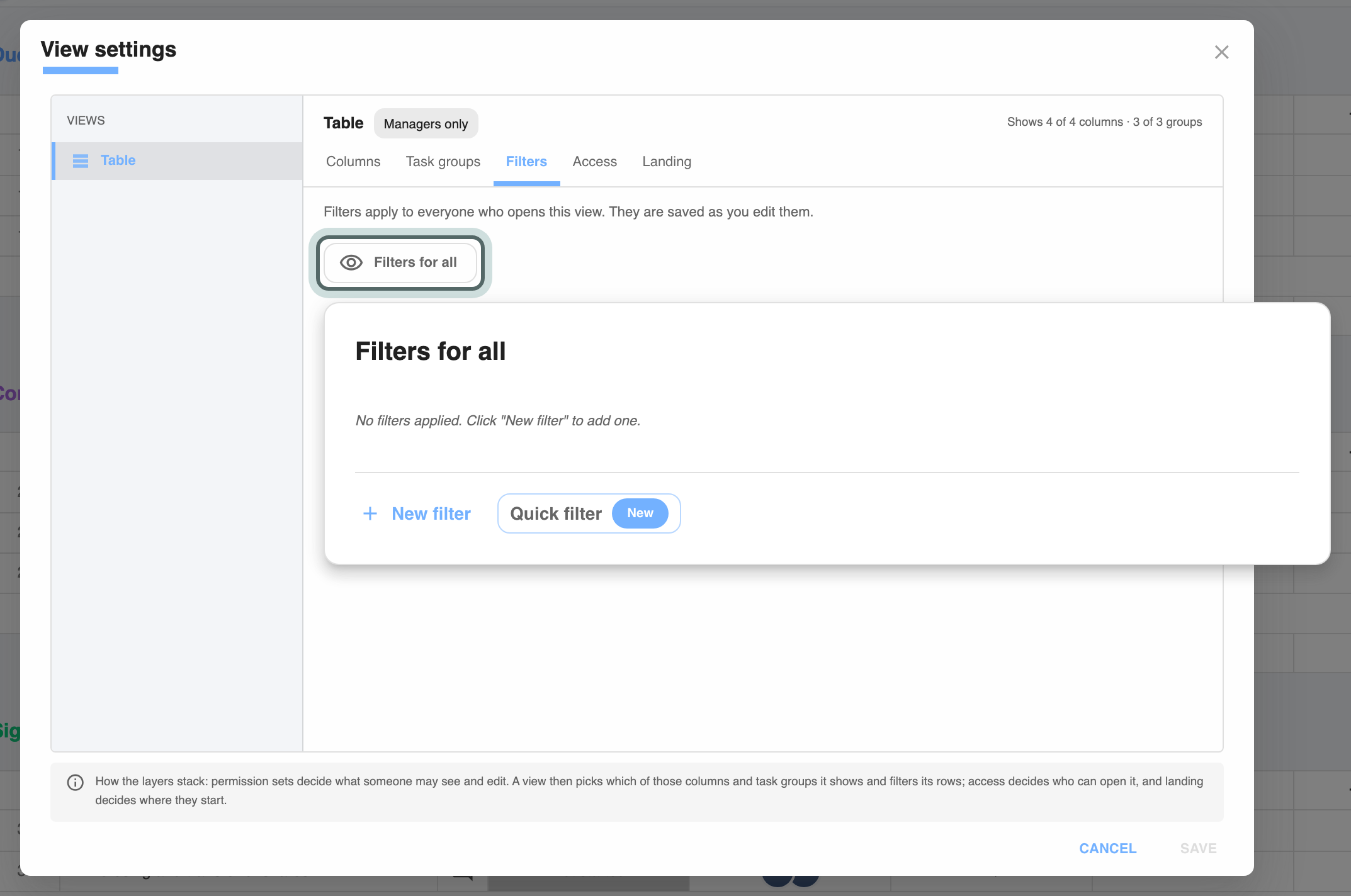 View settings on the Filters tab: Filters apply to everyone who opens this view. The Filters for all button is highlighted and its filter list is open.