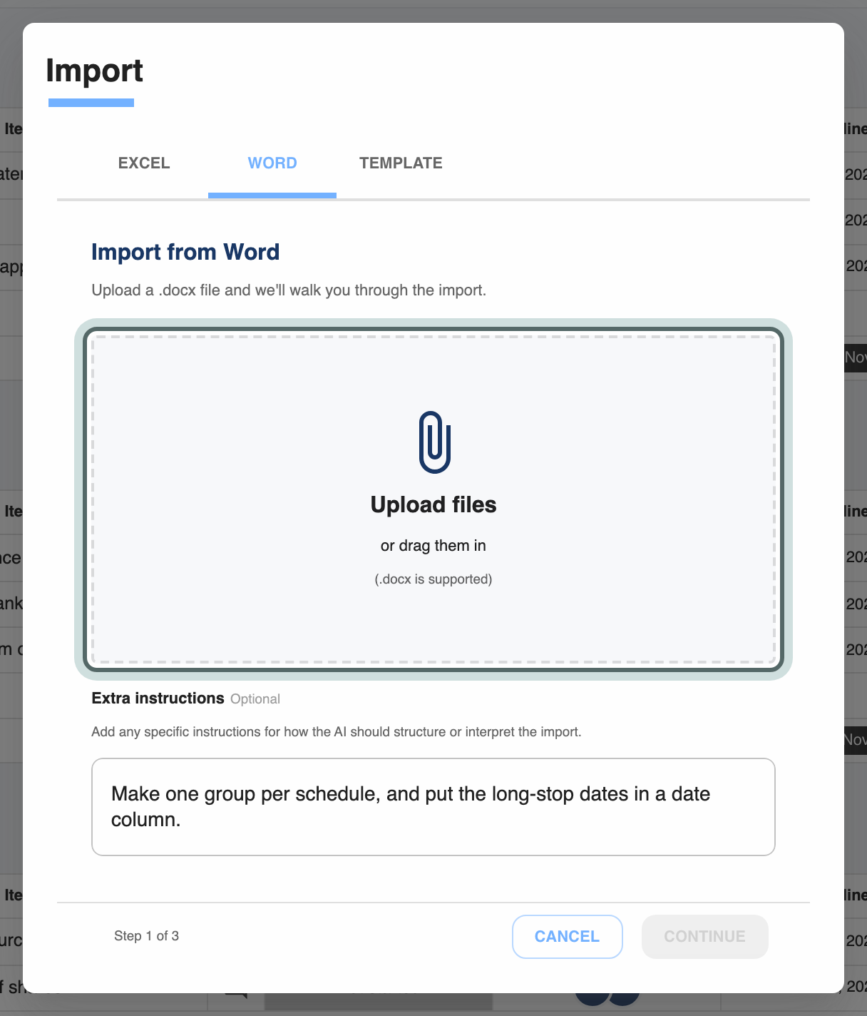 The Import dialog on the Word tab: Import from Word, the area to choose or drop a .docx file, highlighted, and Extra instructions filled in with how to group the conditions.