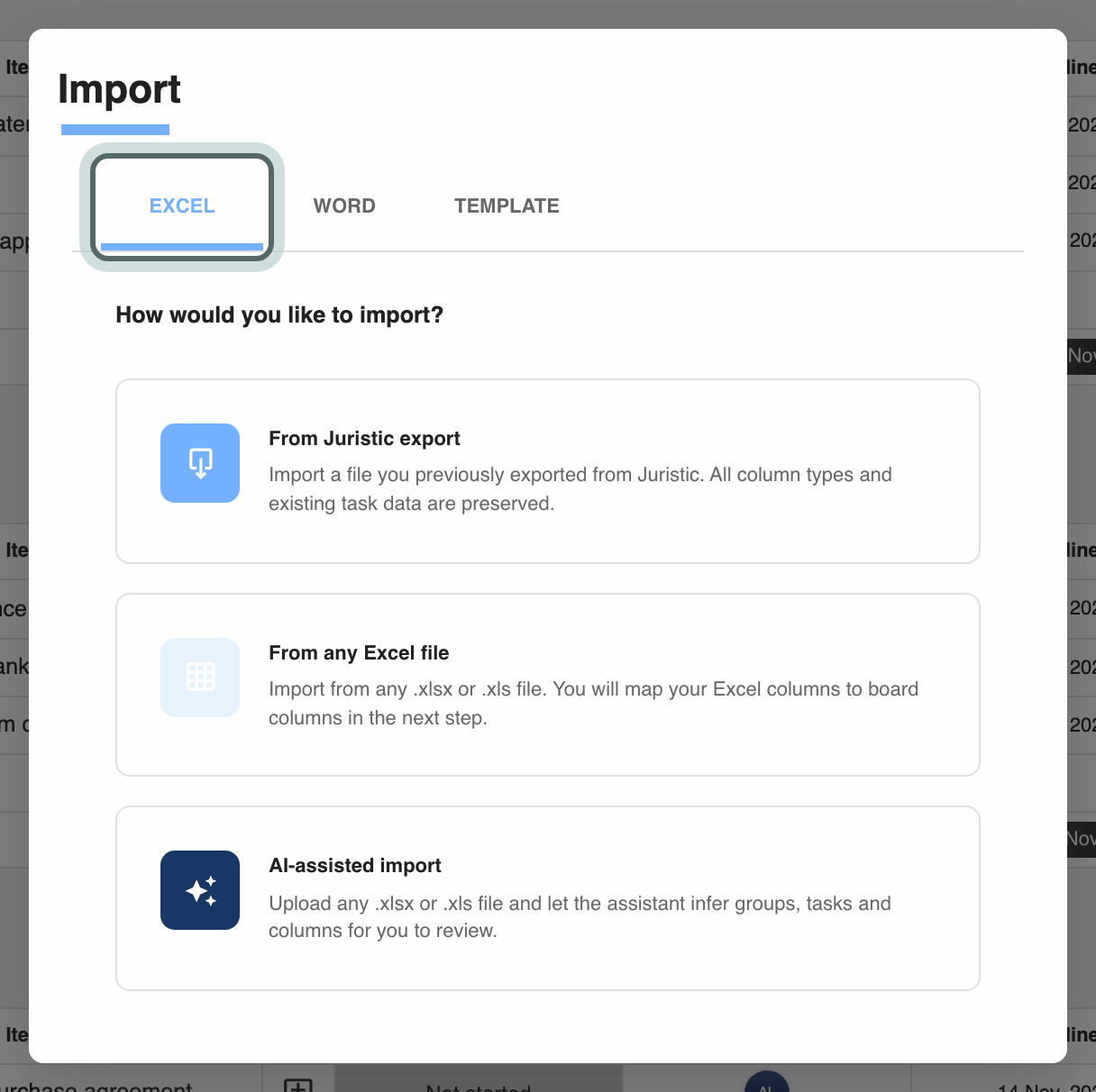 The Import dialog on the Excel tab: How would you like to import? with three choices, From Juristic export, From any Excel file and AI-assisted import.