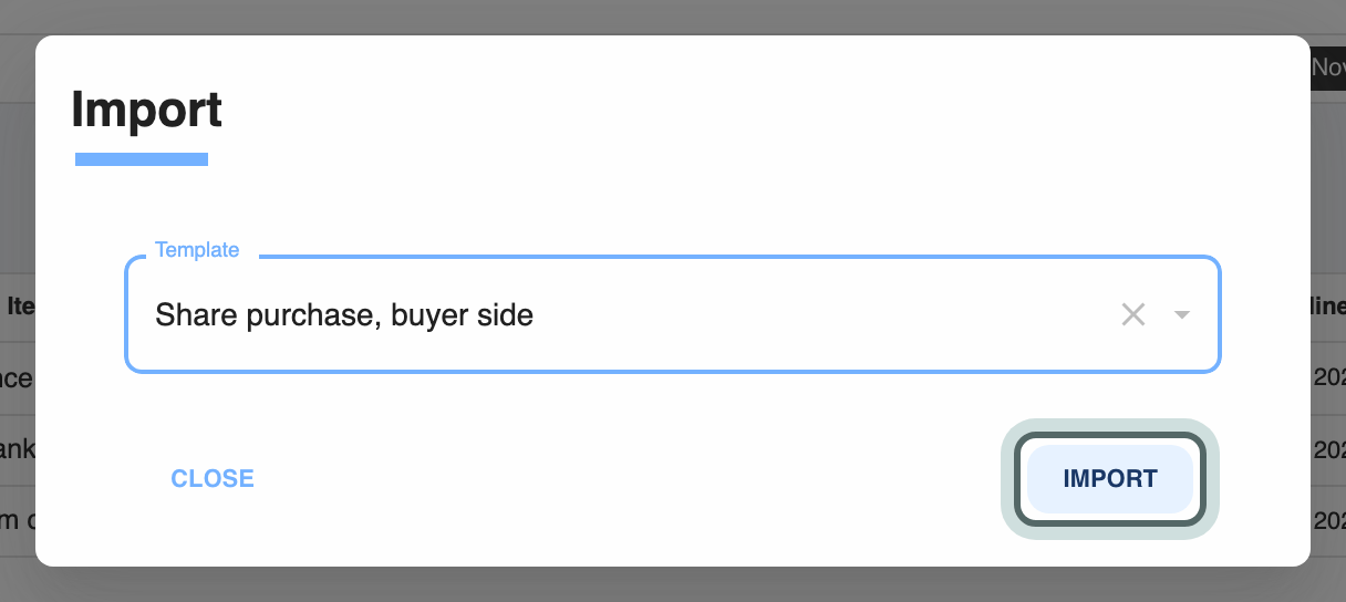The Import dialog on the Template tab with the template Share purchase, buyer side chosen and the Import button highlighted.