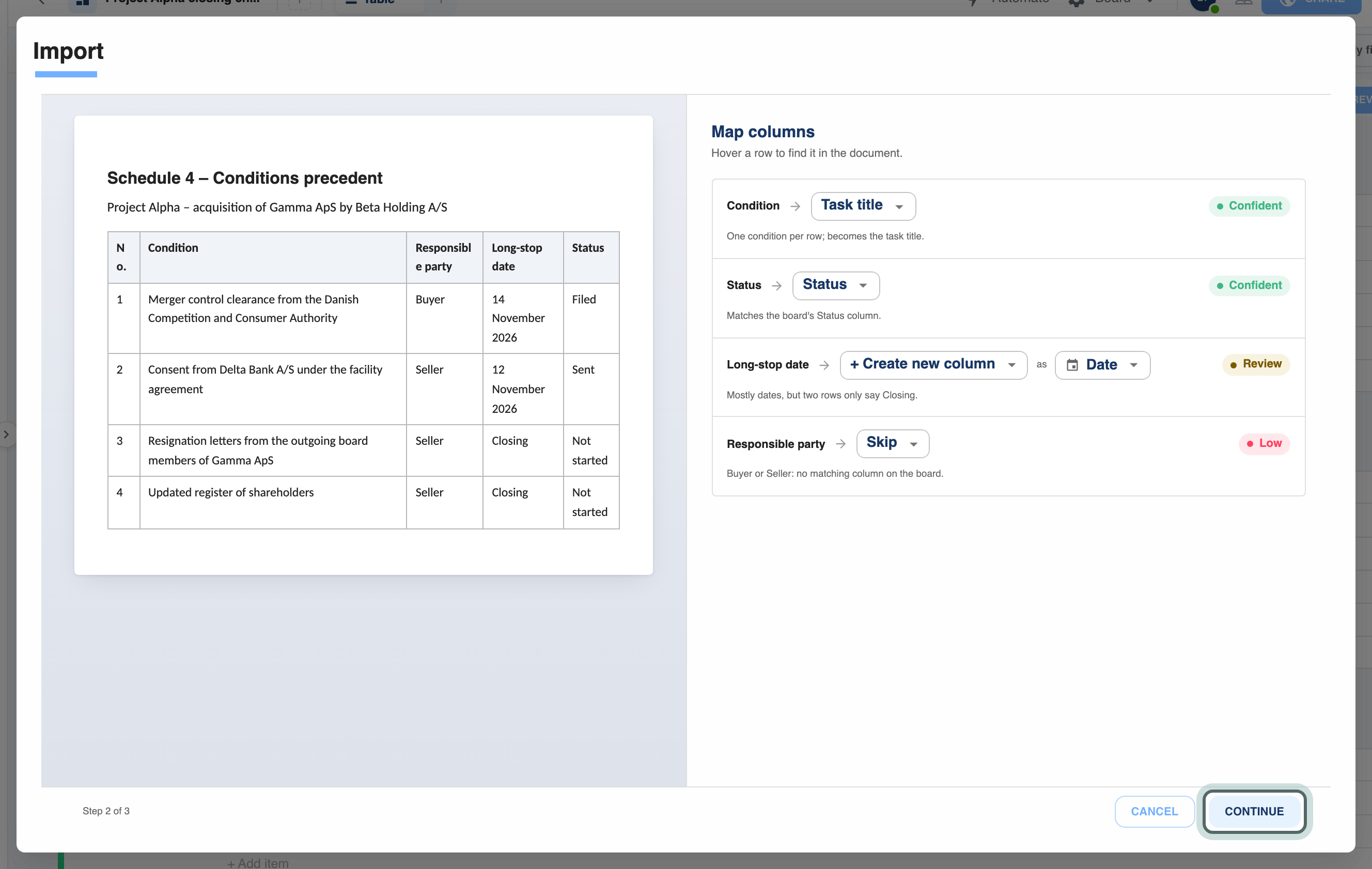 Map columns, step 2 of 3: the Word document on the left, and on the right each column from it with where it goes: Condition to Task title, Status to the board's Status column, Long-stop date to a new column as Date, and Responsible party skipped, each with how confident the suggestion is.