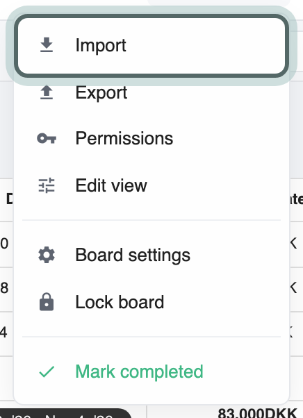 The Board menu above the board, open, with Import highlighted at the top.