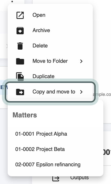 The menu on a board in the Project management list: Open, Archive, Delete, Move to Folder, Duplicate and Copy and move to, with Copy and move to highlighted and its list of matters open beside it.