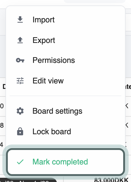 The Board menu above the board, open, with Mark completed highlighted at the bottom.