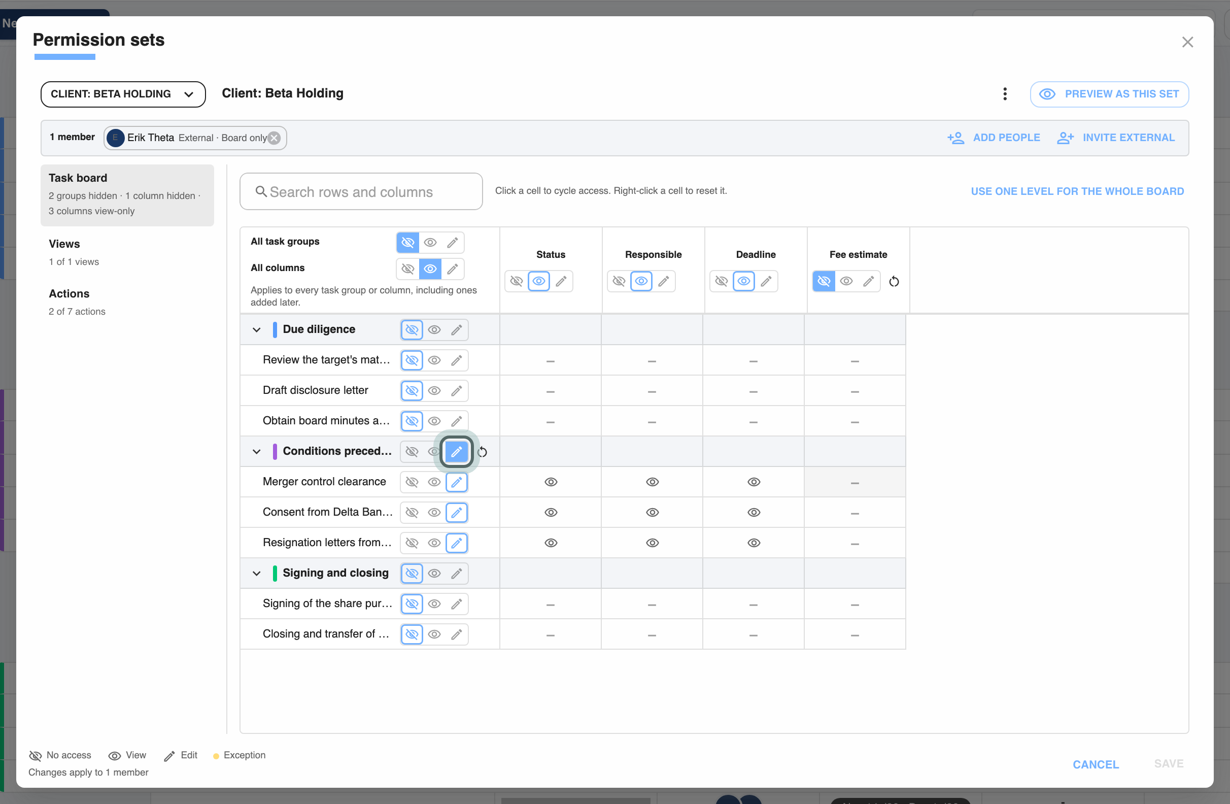 The Task board section of the set Client: Beta Holding: the task groups and columns with their access. Conditions precedent is on Edit, highlighted, the other groups on No access, and the Fee estimate column on No access.