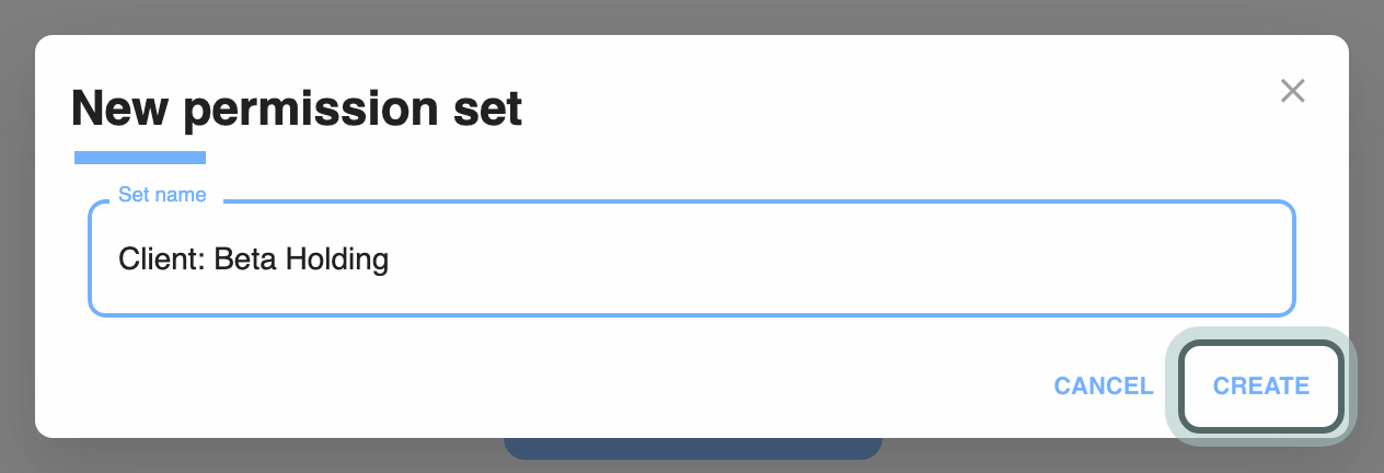 New permission set: Set name filled in with Client: Beta Holding, and Create highlighted.