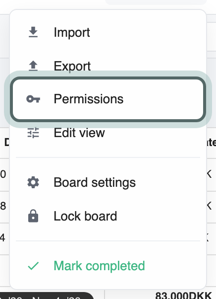 The Board menu above the board, open, with Permissions highlighted.