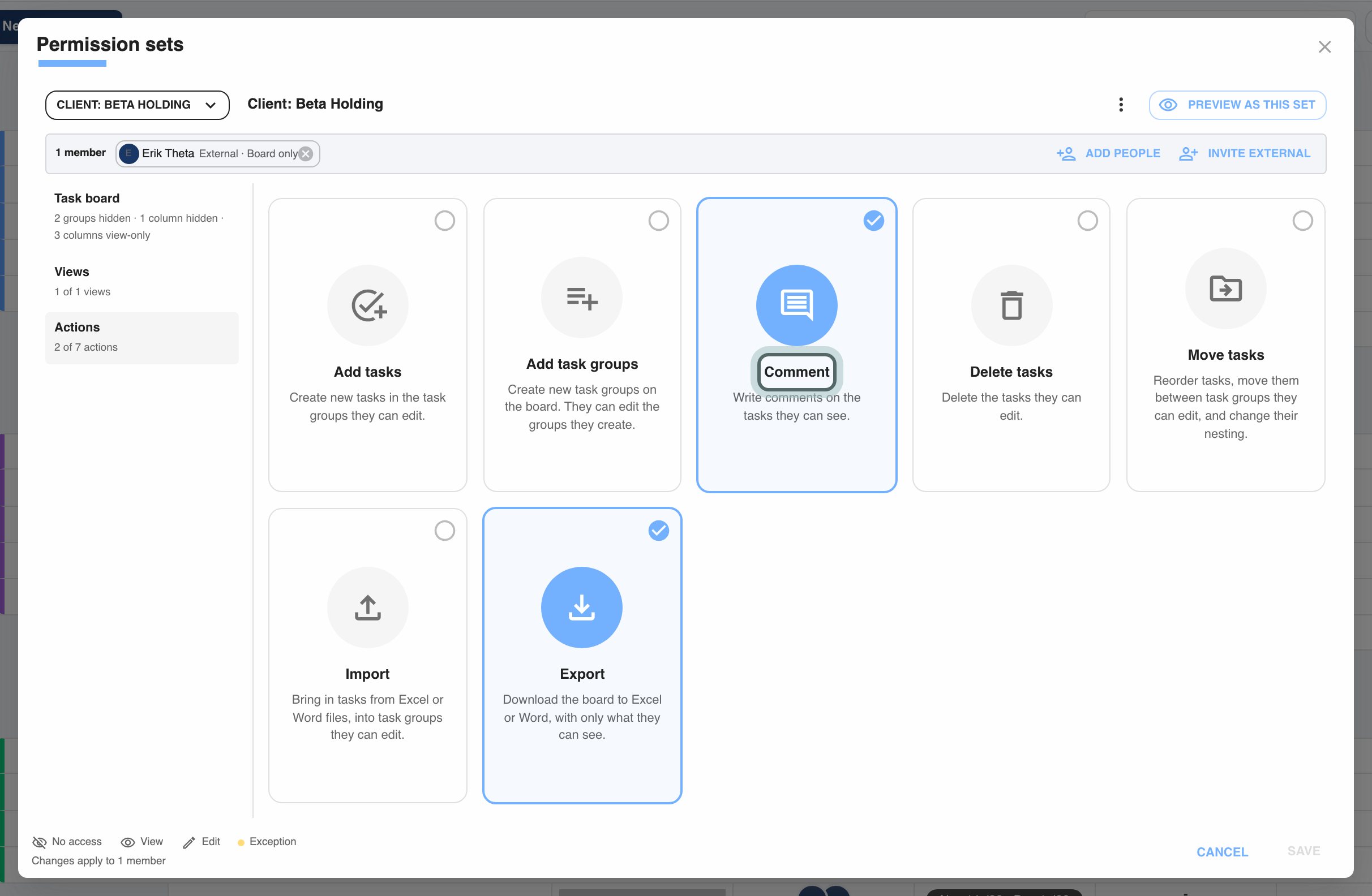 The Actions section of the set: what its members may do beyond seeing and editing, with Comment switched on.