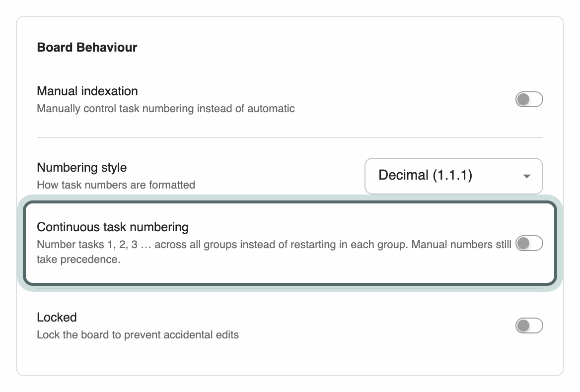Board settings, Board Behaviour section: Manual indexation, Numbering style set to Decimal (1.1.1), Locked, and the Continuous task numbering switch highlighted.