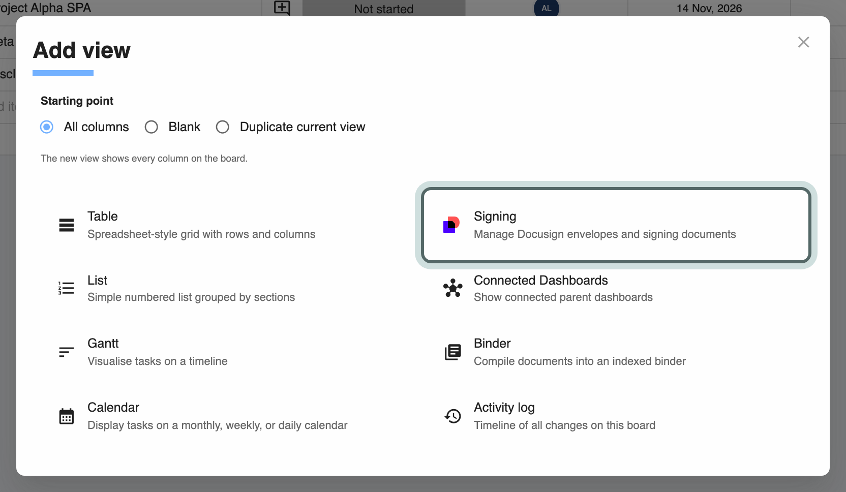 The Add view dialog with the kinds of view, and Signing (Manage Docusign envelopes and signing documents) highlighted.