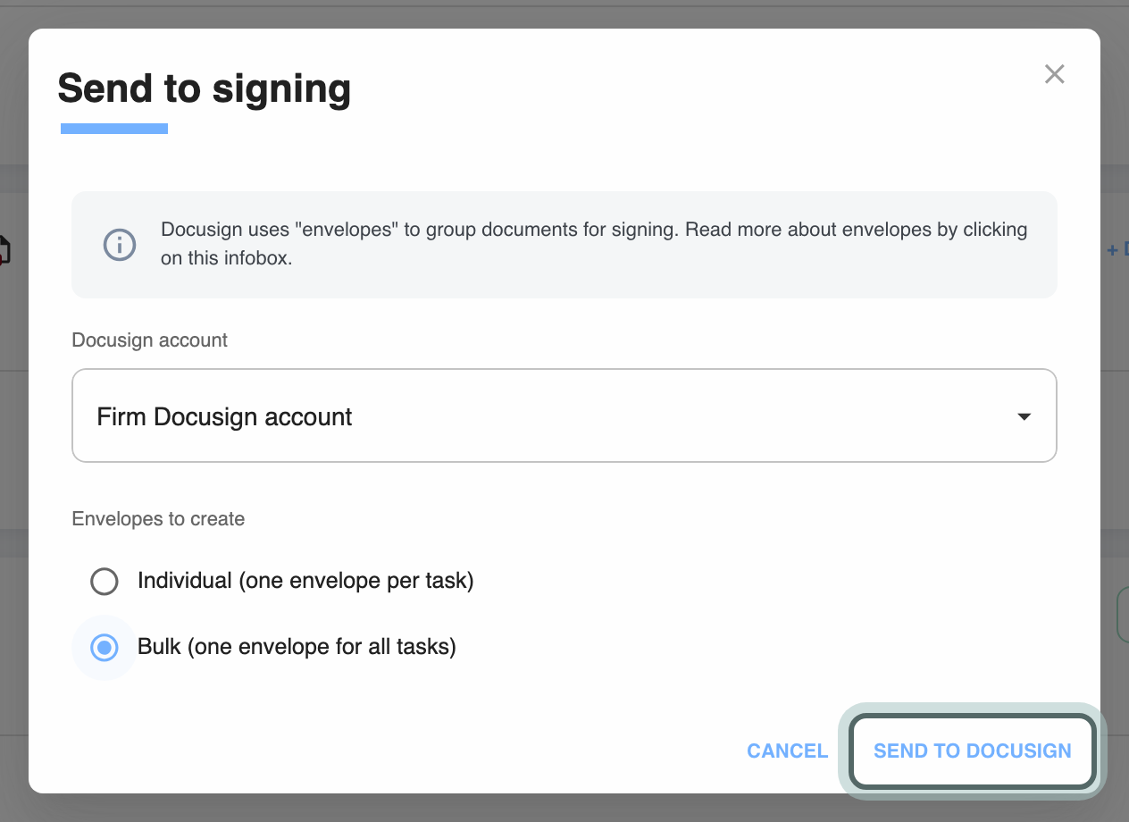 Send to signing for two ticked envelopes: the Docusign account to send from, and Envelopes to create with Individual (one envelope per task) or Bulk (one envelope for all tasks). Send to Docusign is highlighted.
