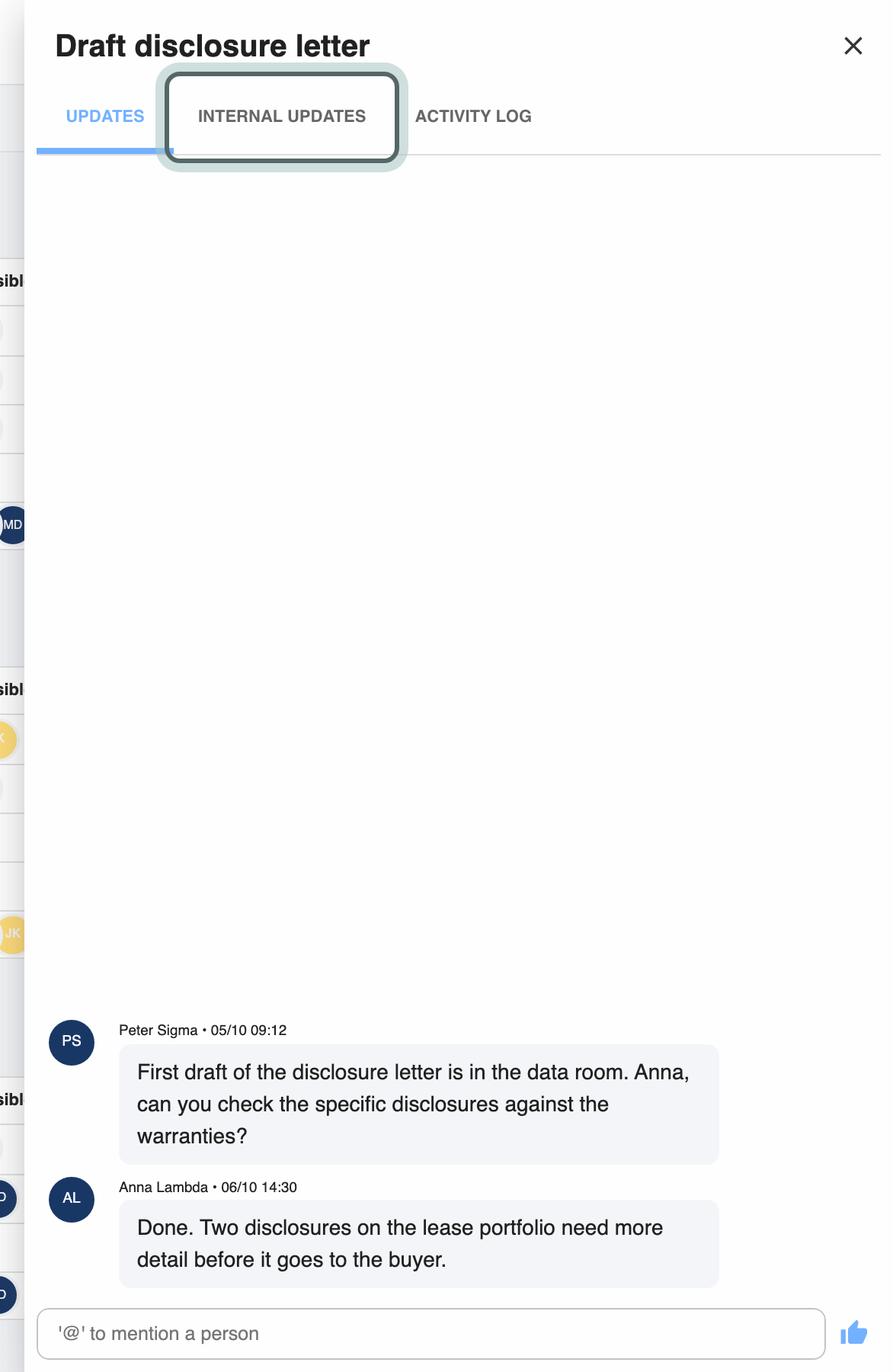 The task panel for Draft disclosure letter with the tabs Updates, Internal updates and Activity log, the conversation on the task, and Internal updates highlighted.