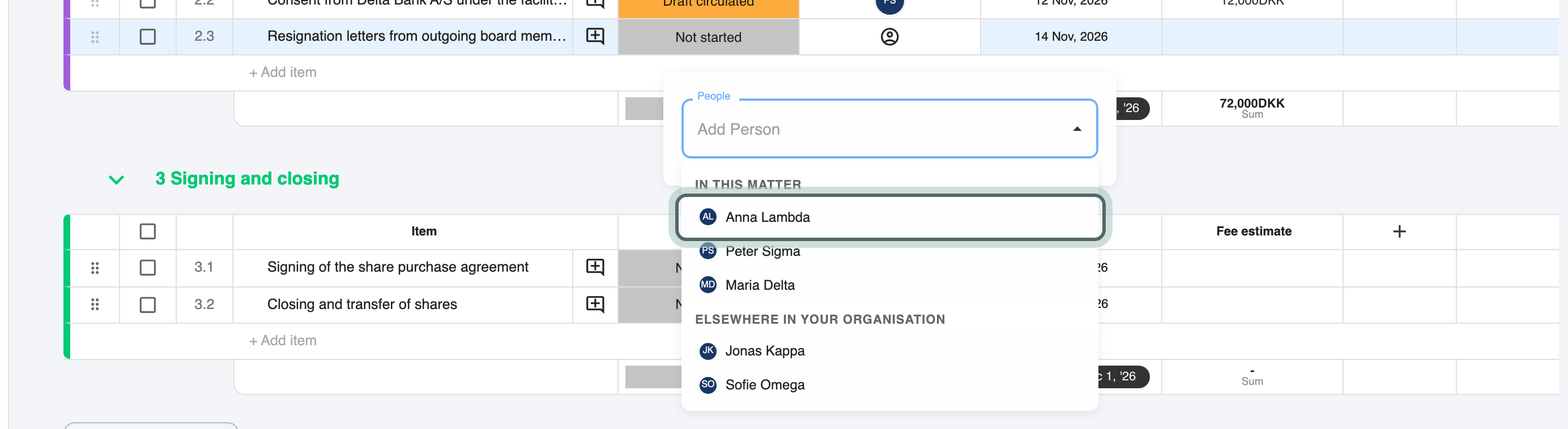 The people picker opened from the Responsible cell of a task: In this matter lists Anna Lambda, Peter Sigma and Maria Delta, Elsewhere in your organisation lists Jonas Kappa and Sofie Omega. Anna Lambda is highlighted.