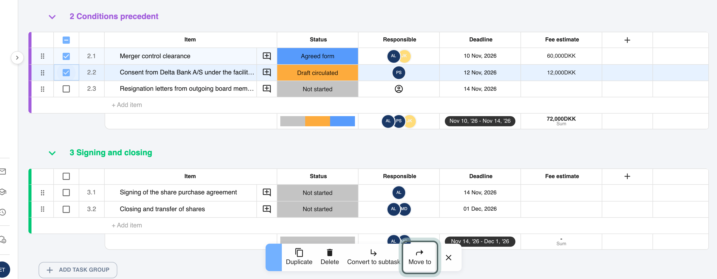 Two tasks ticked in the Conditions precedent group and the bar that appears at the bottom of the board: Duplicate, Delete, Convert to subtask, Move to and close.