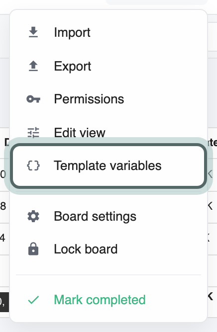 The Board menu on a template board in the library, with Template variables highlighted.