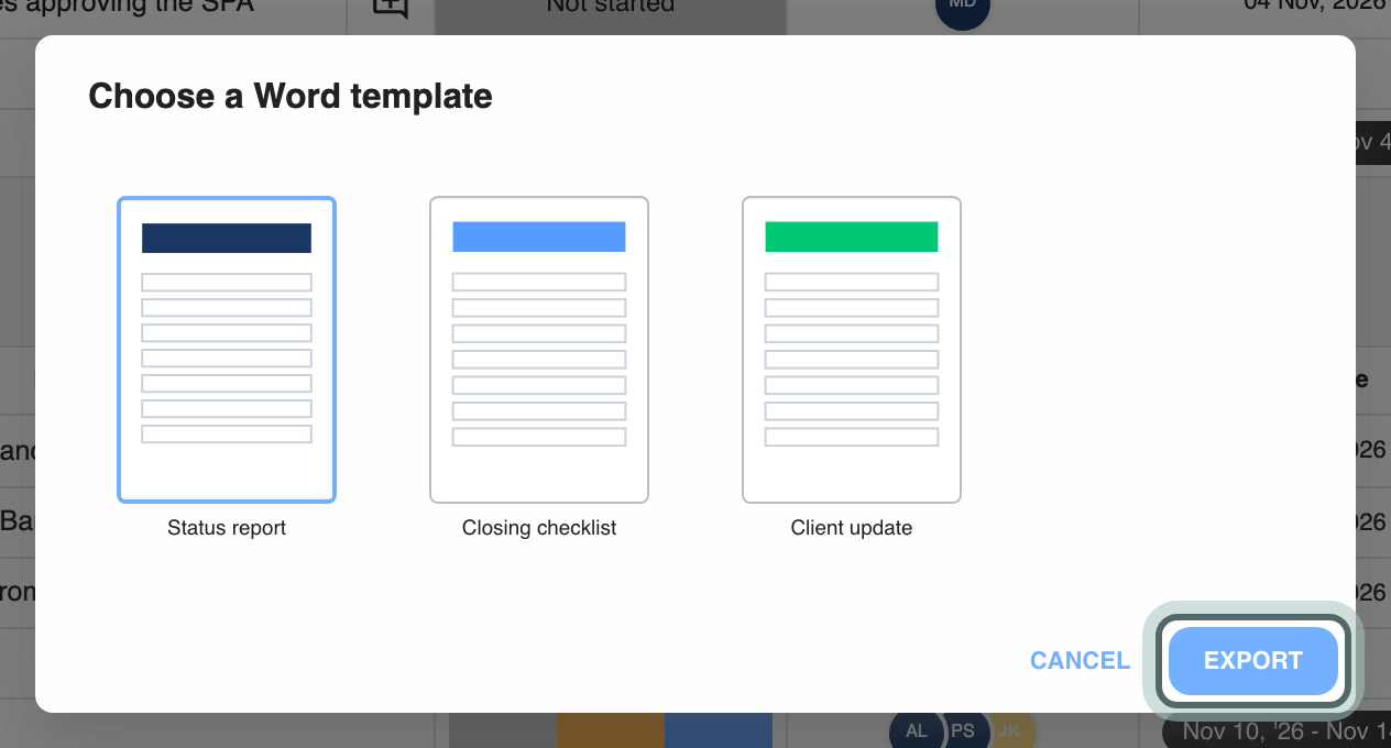 Choose a Word template: the firm's templates shown as page thumbnails (Status report, Closing checklist, Client update), the first one selected, and Export highlighted.