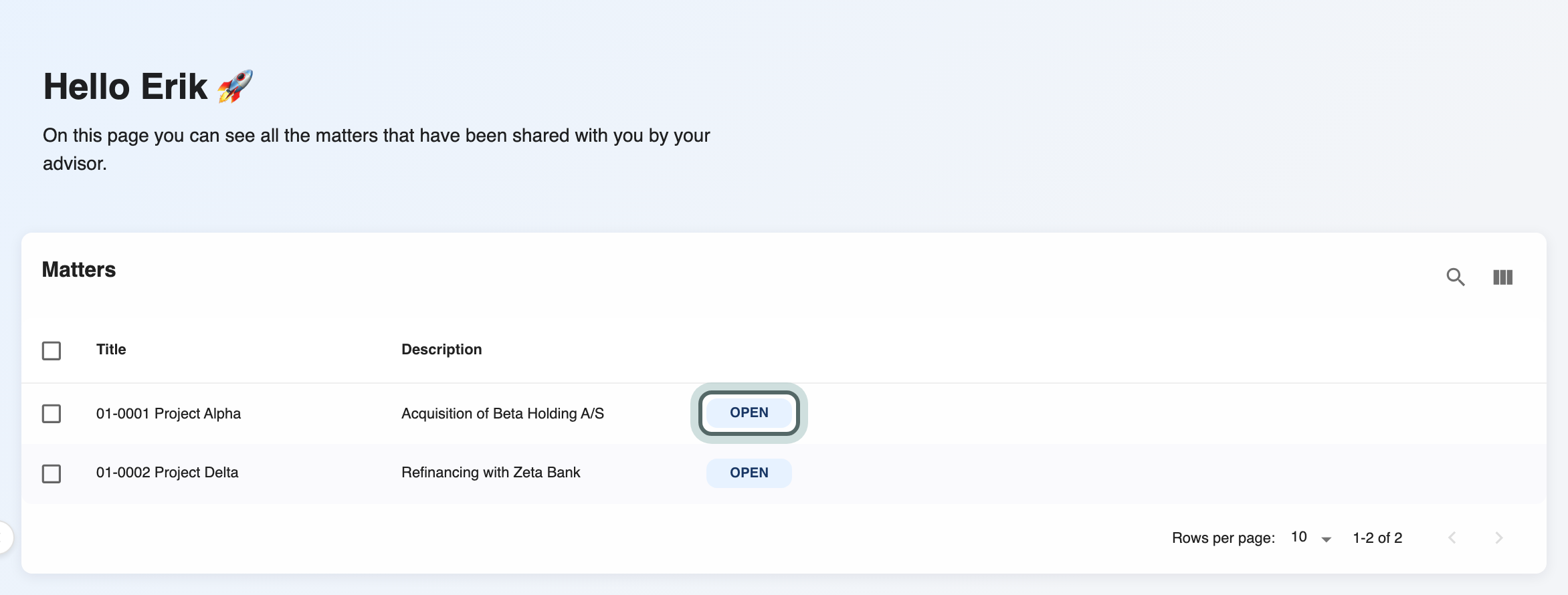 The client portal greets Erik and lists the matters his advisor has shared with him; the Open button on Project Alpha is highlighted.