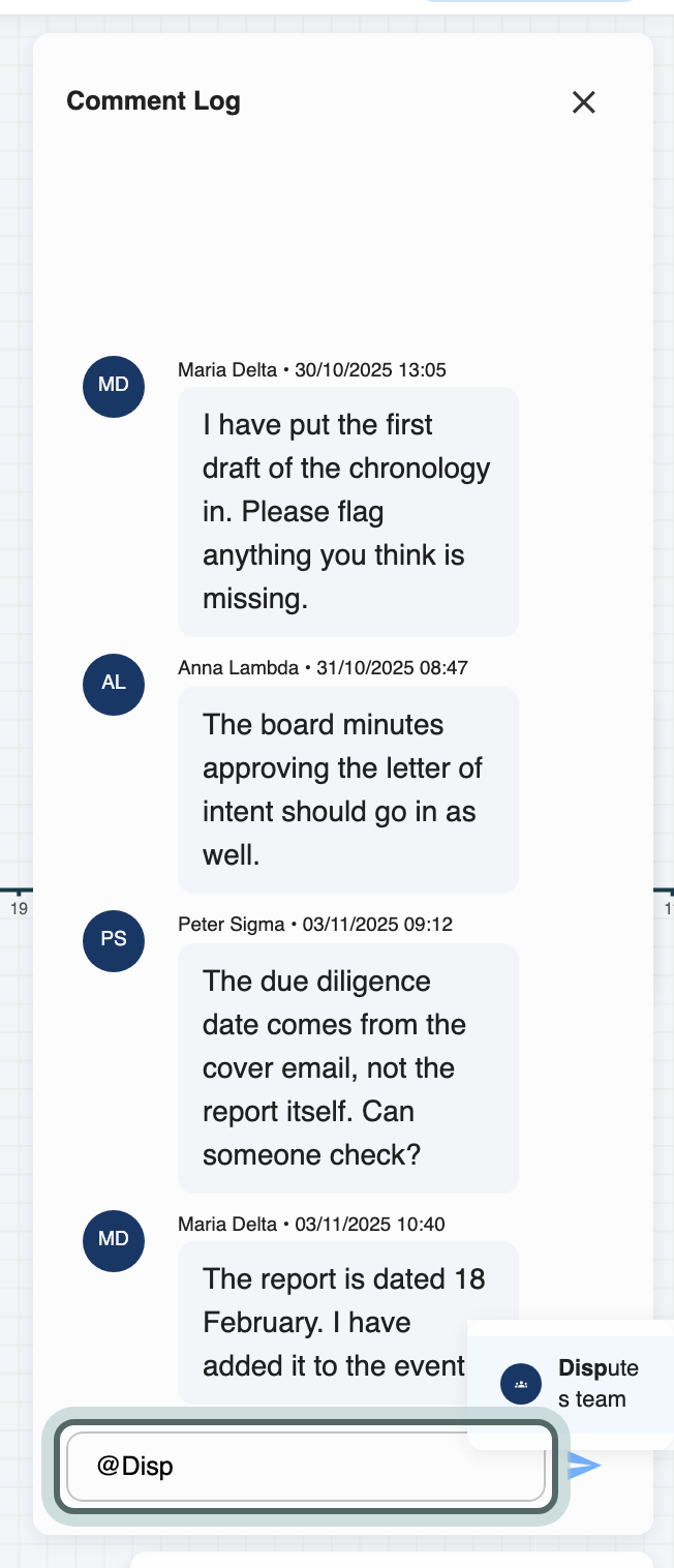 The Comment Log with @Disp typed in the comment box and the team Disputes team, with a team icon, suggested in the list beside it.