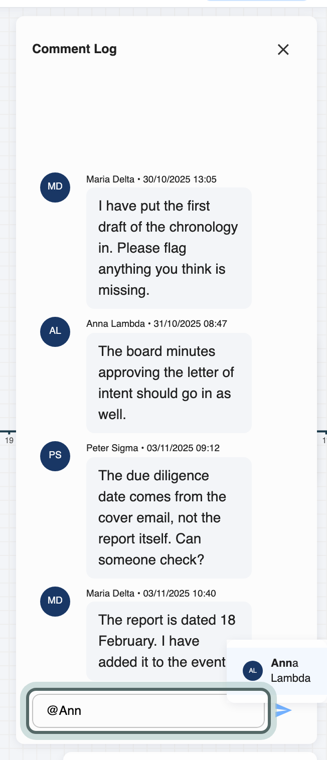 The Comment Log open beside the timeline, with @Ann typed in the comment box and Anna Lambda suggested in the list beside it.