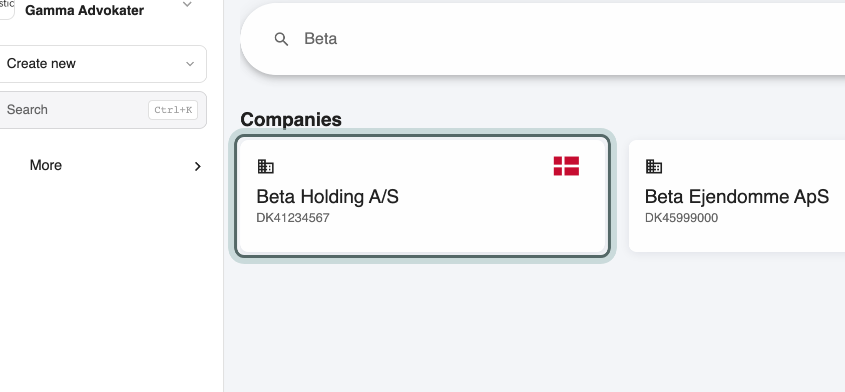 The Data tool search, 'Search for a company or a person', with Beta typed in and Beta Holding A/S highlighted under Companies.