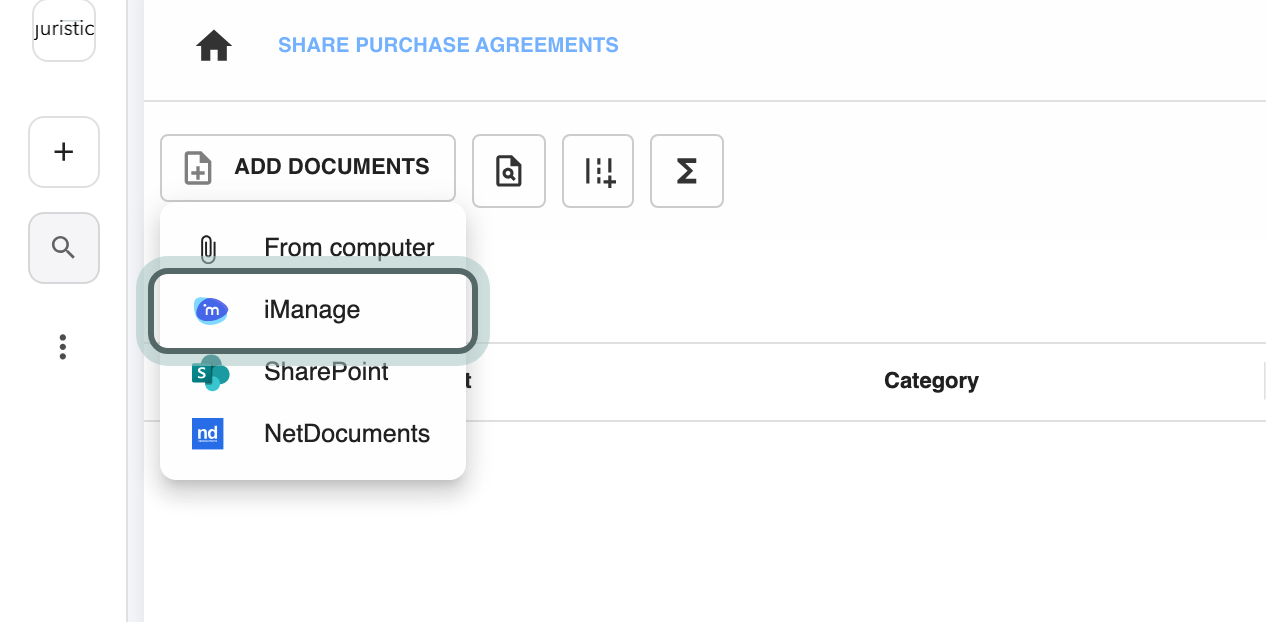 The Add documents menu: From computer, iManage, SharePoint and NetDocuments, with iManage highlighted.