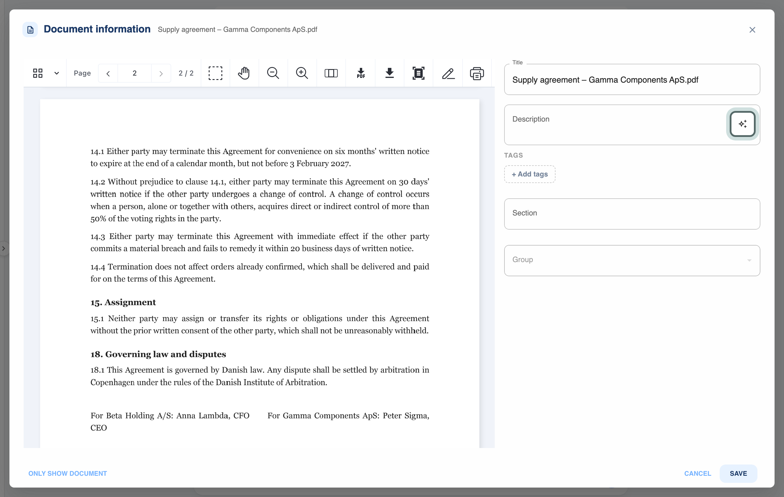 The Document information window: the document on the left and its details open for editing on the right (Title, Description, Tags, Section and Group). The sparkle icon in the Description field, Generate description with AI, is highlighted.