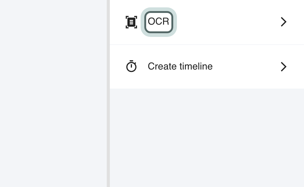 A document open in the Document tool, with the tools panel on the right listing OCR and Create timeline, and OCR highlighted.