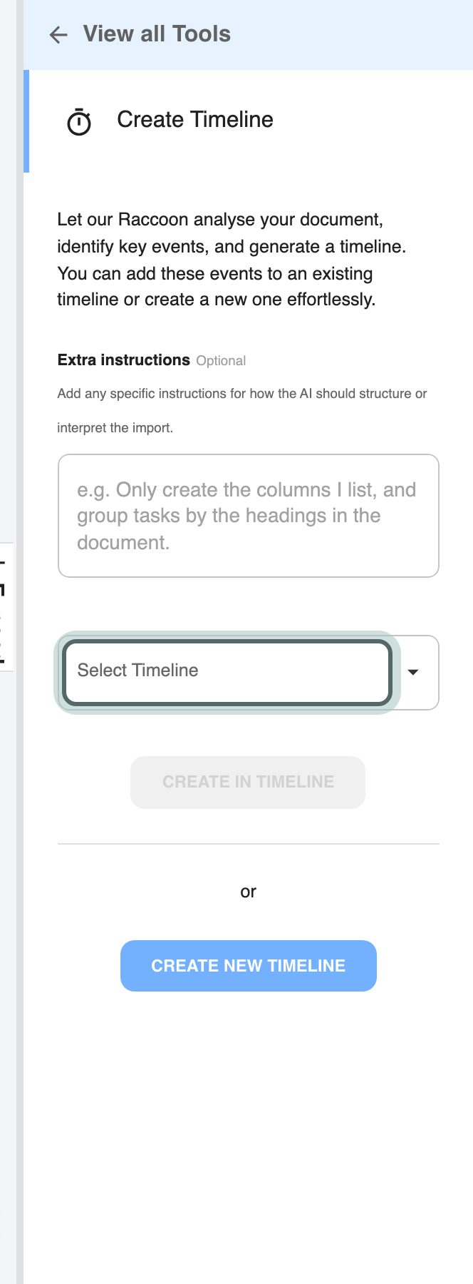 The Create Timeline tool: extra instructions, the Select Timeline field with Create in Timeline under it, and Create new Timeline at the bottom. Select Timeline is highlighted.