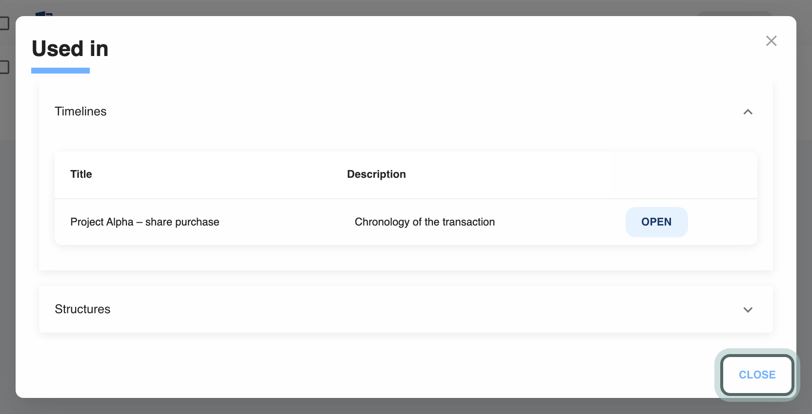 The Used in window for the share purchase agreement: the timeline that uses it, and Structures below.
