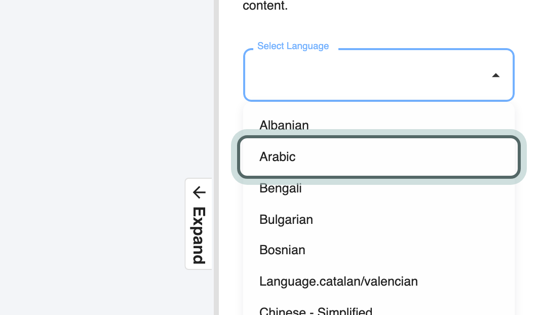 The Select Language list open in the OCR tool, with Arabic highlighted.