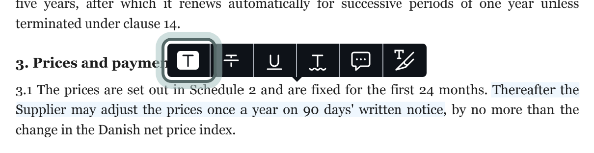 The second sentence of clause 3.1 of a supply agreement selected in the document viewer, with the small toolbar over the selection; its first button, the highlight, is highlighted.
