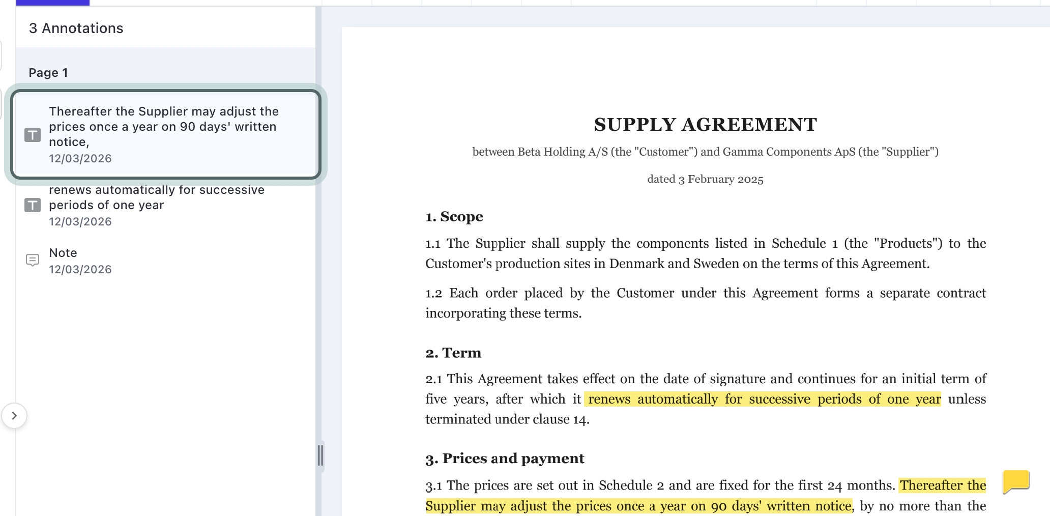 The viewer's sidebar showing Annotations: 3 annotations on page 1, the two highlighted passages with their text and a note, each dated; beside it the page with the two highlights and the note's icon in the margin. The first entry is highlighted.