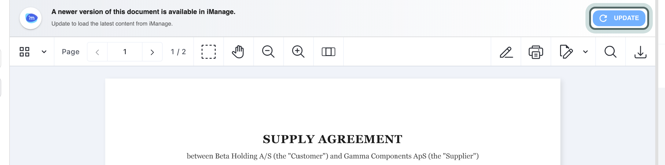 Above the document, a banner with the iManage logo says A newer version of this document is available in iManage, with its update button highlighted.