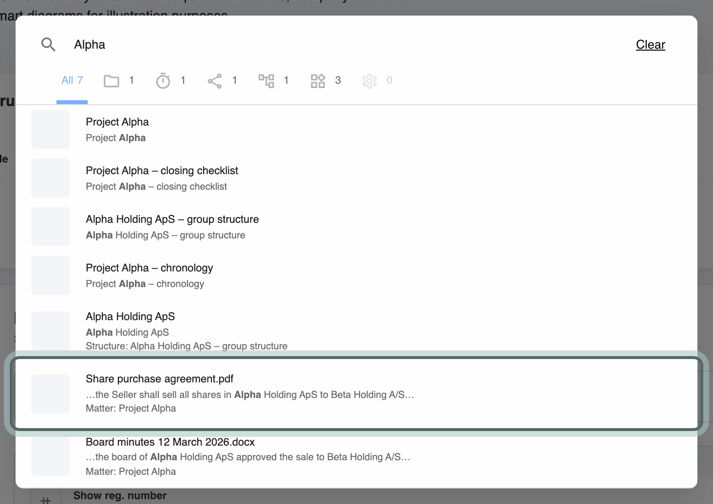 Search results for Alpha that include documents: a share purchase agreement and board minutes, each with the matching passage and Alpha in bold, and the matter it belongs to.